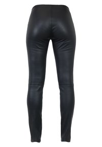 Zwarte nepleer leggings met een hoge tailleband, een slim fit ontwerp, een gladde textuur en naaddetails langs de benen.