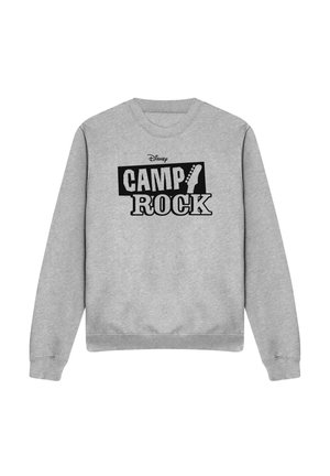 Light gray long-sleeve sweatshirt with black and white "Disney CAMP ROCK" text and a guitar neck graphic within the logo on front center.