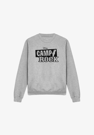 Light gray long-sleeve sweatshirt with black and white "Disney CAMP ROCK" text and a guitar neck graphic within the logo on front center.