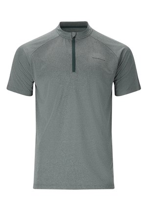 Short-sleeve, zip-neck shirt in a textured dark grey fabric. Features raglan sleeves and subtle logo detailing on the front.