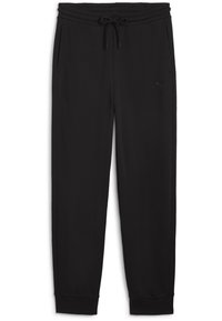 Sorte sweatpants lavet af blødt stof, med elastisk talje med snor, sidelommer og ribbede manchetter ved anklerne.