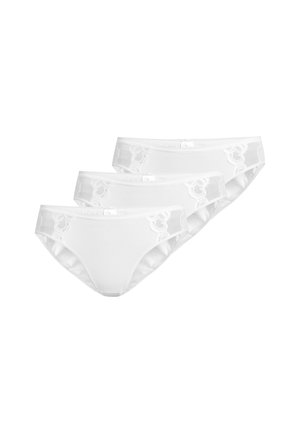 Drei Paare weißer Baumwollslips mit Spitzenakzenten an den Seiten und einem glatten Bund. Einfaches, klassisches Design für den Alltag.
