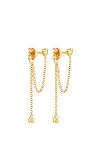 Pendientes en tono dorado con un diseño de tuerca que presenta dos acentos esféricos y cadenas colgantes, cada una con una pequeña etiqueta marcada "925".