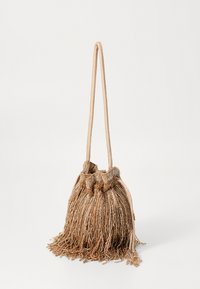 Beaded bag with a knotted top, featuring a fringe design in beige and gold tones. Soft fabric strap, textured with intricate beadwork.
