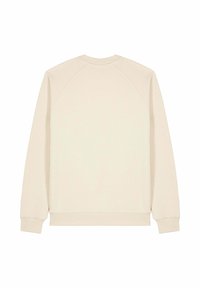 Sweatshirt couleur crème avec un design uni, des manches raglan, des poignets et un ourlet côtelés, et une finition en tissu doux et texturé.