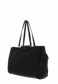 Sac fourre-tout noir en matériau lisse, doté de deux poignées solides, d'accents en métal doré, et d'une forme structurée. Comprend une poche avant plate.