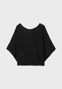 Haut en tricot noir avec un large col rond et des manches amples et flottantes. Texture lisse avec une coupe décontractée et sans fermetures visibles.