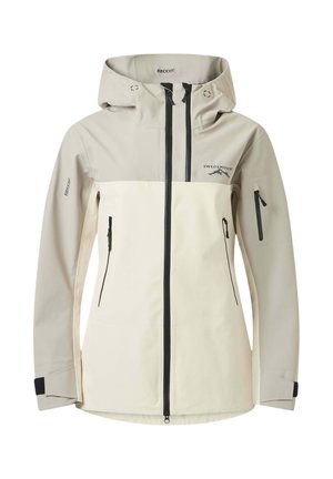 Veste d'extérieur beige claire et crème avec capuche, fermetures éclair noires et logo Swedemount sur la poitrine, conçue pour temps froid et humide.