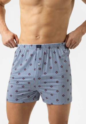 Blote man die de tailleband van blauw-wit gestreepte boxershorts met kleine rode ruitpatronen vasthoudt tegen een witte achtergrond.