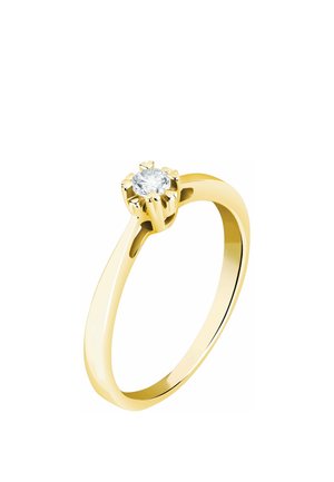 Goldring mit einem einzelnen runden klaren Diamanten, gehalten von sechs Krappen in einer klassischen Solitärfassung auf einem schlichten Band.