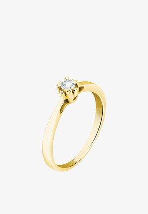 Goldring mit einem einzelnen runden klaren Diamanten, gehalten von sechs Krappen in einer klassischen Solitärfassung auf einem schlichten Band.