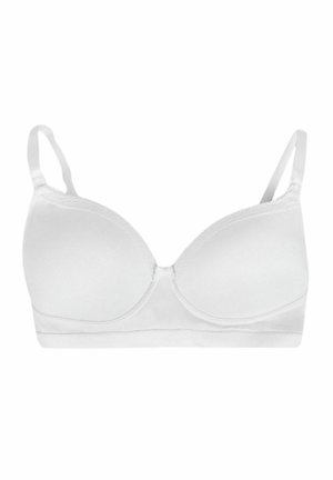 Witte beha met een gladde, gewatteerde stijl, verstelbare bandjes, kantafwerking langs de bovenrand en een haak- en oogsluiting aan de achterkant.