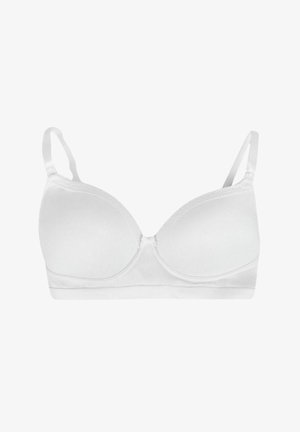Hvid bh med et glat, polstret design, justerbare stropper, blonder trim langs den øverste kant og en hægte-og-øje lukning bagpå.