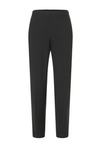 Schwarze Hosen aus glattem Stoff mit einem elastischen Bund, gerader, schlanker Schnitt und ohne sichtbare Muster oder Akzente.