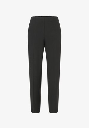 Schwarze Hosen aus glattem Stoff mit einem elastischen Bund, gerader, schlanker Schnitt und ohne sichtbare Muster oder Akzente.
