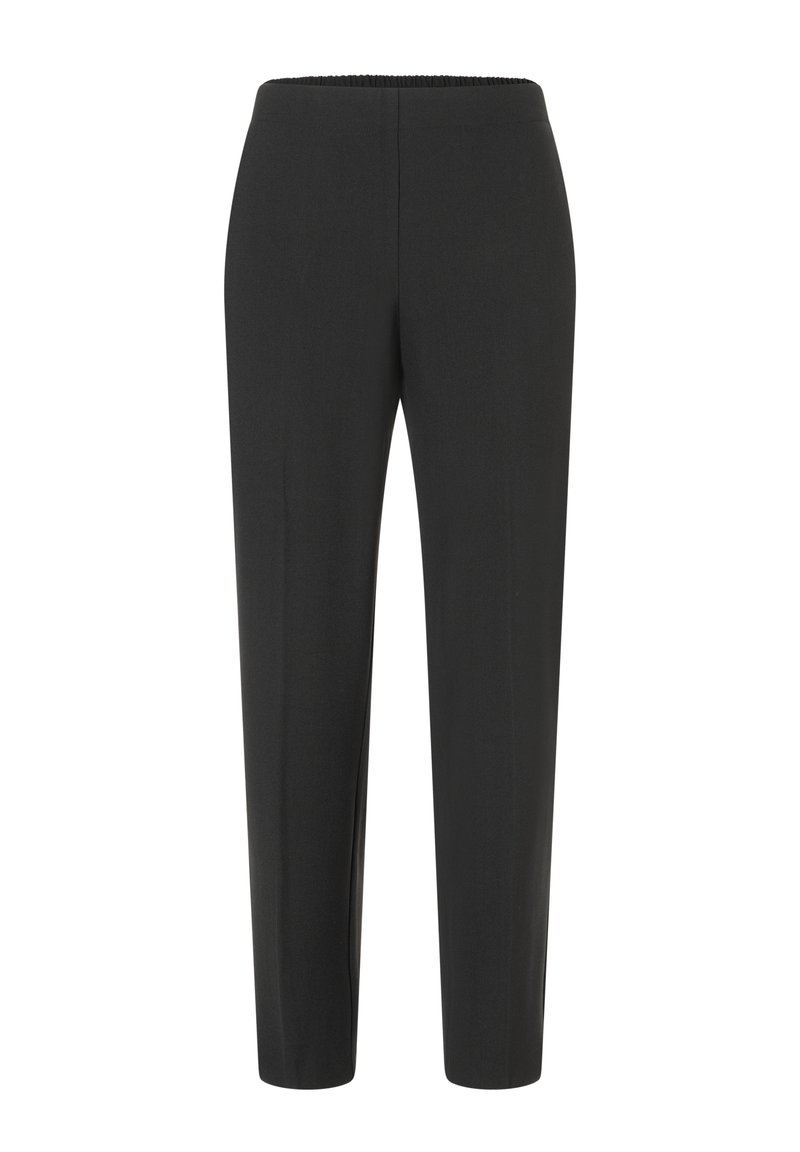Schwarze Hosen aus glattem Stoff mit einem elastischen Bund, gerader, schlanker Schnitt und ohne sichtbare Muster oder Akzente.