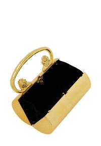 Sort velour håndtaske med en guld metalramme. Har et buet håndtag toppet med to løvehoved-accenter. Magnetisk snaplukning.