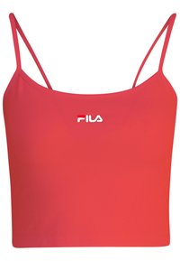 Czerwony, krótki top na ramiączkach z cienkimi paskami, wykonany z gładkiego materiału. Na środku przodu znajduje się białe logo "Fila".