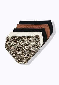 Ensemble de quatre culottes pour femmes dans différentes couleurs : imprimé léopard, noir, marron et crème. Tissu doux avec des détails en dentelle festonnée.
