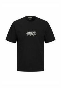 Sort bomulds T-shirt med "JACK & JONES" logo i hvid skrift på tværs af brystet; korte ærmer og rund halsudskæring.