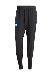Schwarze Sporthose mit tailliertem Design, elastischem Bund und Seitentaschen. Verfügt über einen Logo-Patch in Blau und Weiß am linken Oberschenkel.