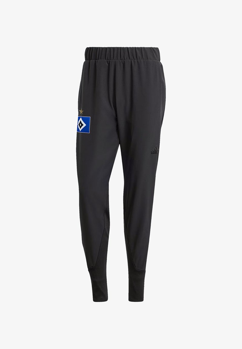 Schwarze Sporthose mit tailliertem Design, elastischem Bund und Seitentaschen. Verfügt über einen Logo-Patch in Blau und Weiß am linken Oberschenkel.