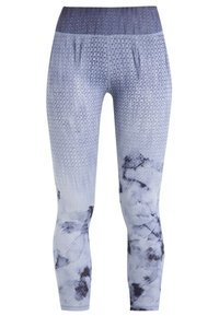 Lekki, dopasowane legginsy w gradientzie jasnoniebieskiego i szarego. Wzory teksturalne obejmują kształty geometryczne i abstrakcyjne spirale.