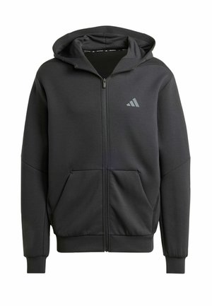 Black zip-up hoodie made of soft fabric, featuring a front pocket, drawstring hood, and a grey logo on the upper left side.