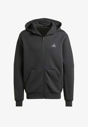 Black zip-up hoodie made of soft fabric, featuring a front pocket, drawstring hood, and a grey logo on the upper left side.