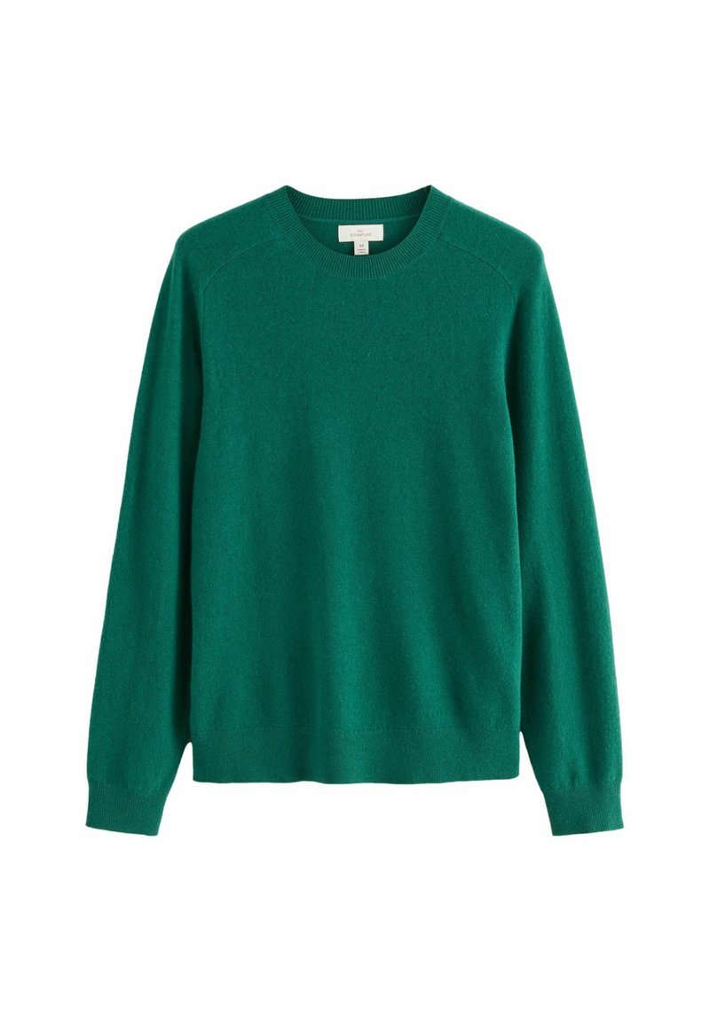Pulover verde cu guler rotund și mâneci lungi, fabricat dintr-un material moale și texturat. Are un guler și manșete canelate, și o croială lejeră.