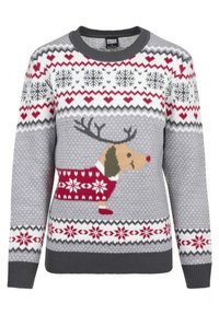 Grauer Strickpullover mit einem Dachshund mit Geweihen, roten Akzenten und Schneeflockenmustern. Rundhalsausschnitt und lange Ärmel.