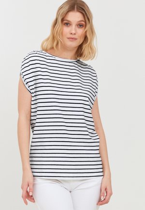 Stribet T-shirt med kort ærme i sort og hvid, lavet af blødt stof, med en bred rund halsudskæring og løs pasform.