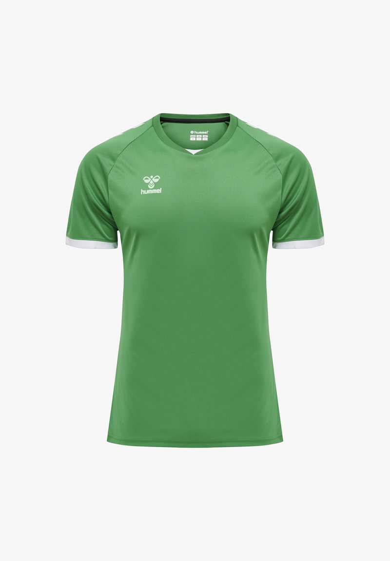 Grøn atletiktrøje lavet af syntetisk stof. Har korte ærmer med hvide detaljer og en rund halsudskæring. Logoet vises på brystet.