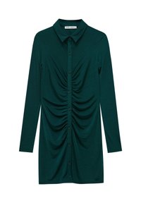 Robe à manches longues, boutonnée, de couleur vert foncé, avec des détails de tissu froncé sur le devant. Fabriquée en matériau doux et lisse, avec un col.