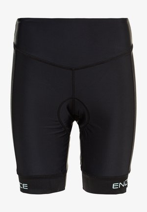 Zwarte fietsbroek met elastische tailleband, textuurstiksel en een gevoerd inset voor comfort, met het 'ENDURANCE' logo op de zoom.