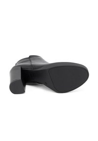 Stivaletto nero in pelle con tacco chunky e suola testurizzata, caratterizzato da una tomaia liscia e una punta arrotondata.
