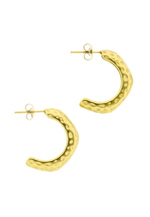 Aranyszínű kalapált félkarika fülbevalók postafedeles zárral, texturált pöttyös mintával ívelt kialakításon.