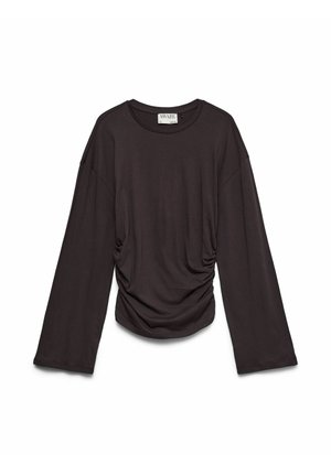 Cămașă neagră cu mâneci lungi, decolteu rotund și detalii drapate pe părți, afișată pe fundal alb.