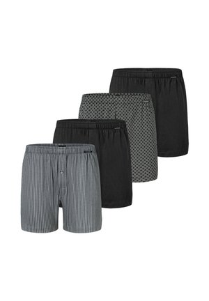 Vier Paar Boxershorts: eine grau gestreifte, zwei einfarbig schwarze und eine mit geometrischem Muster, alle mit elastischem Bund und weichem Stoff.