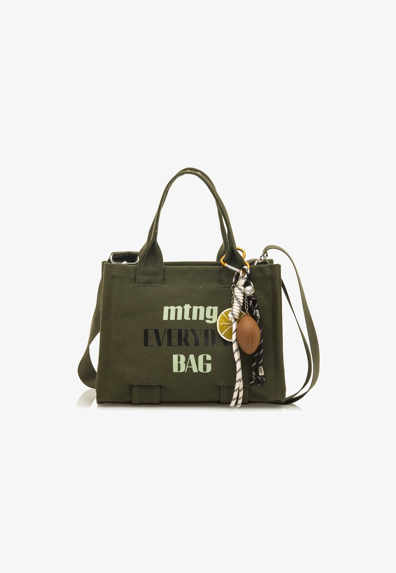 Sac en toile vert avec le texte noir "mtng EVERYDAY BAG." Comprend un porte-clés amovible avec une tranche de citron vert et un accent en forme de football marron.