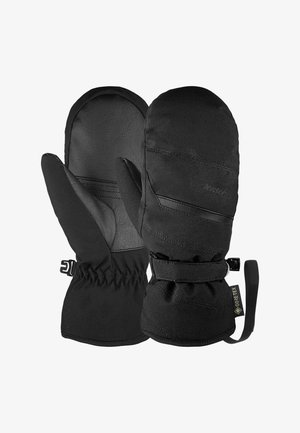 Schwarze Fäustlinge aus einem wasserdichten Material mit einer Lederhandfläche. Zu den Merkmalen gehören ein verstellbarer Handgelenkverschluss und strukturierte Stoffakzente.