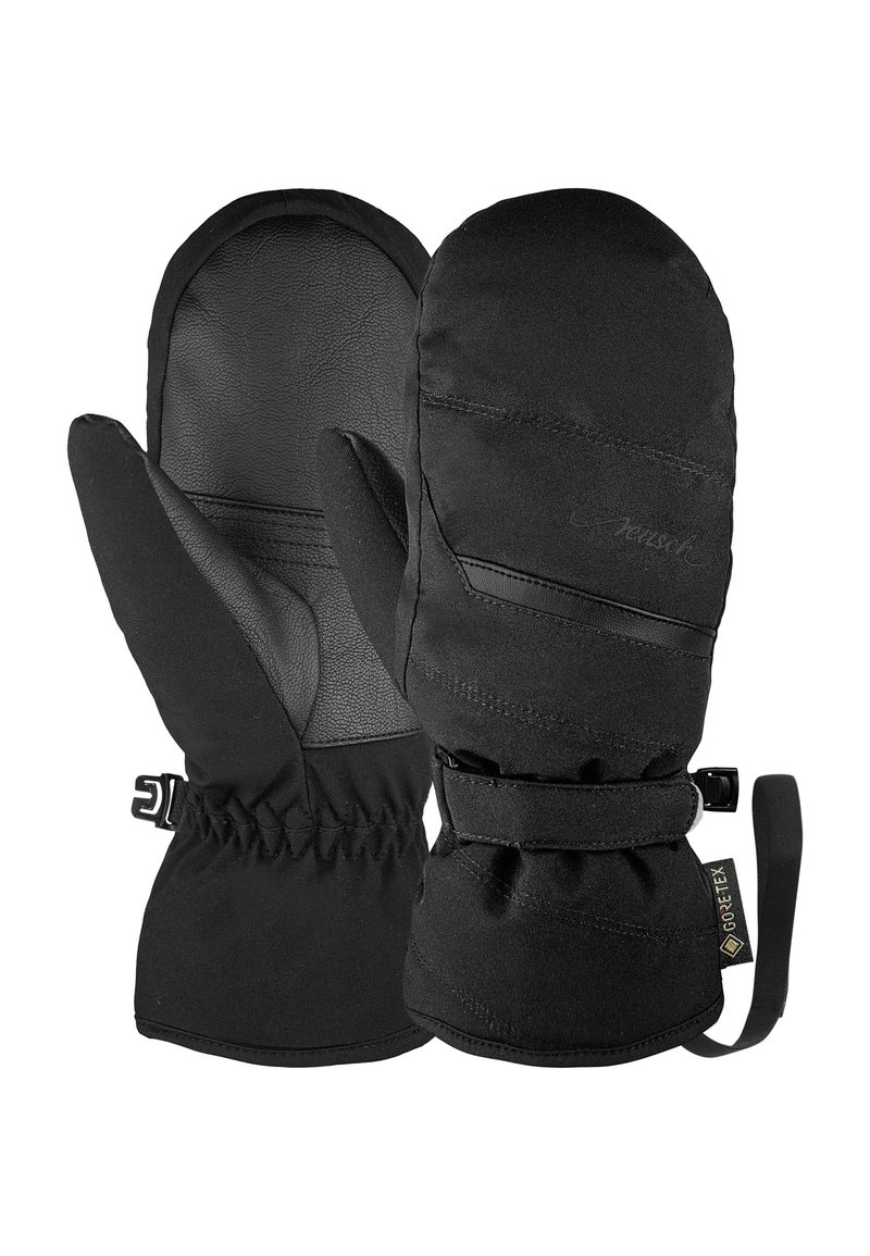 Schwarze Fäustlinge aus einem wasserdichten Material mit einer Lederhandfläche. Zu den Merkmalen gehören ein verstellbarer Handgelenkverschluss und strukturierte Stoffakzente.