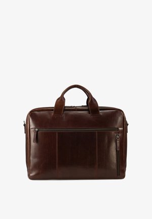 Brown leather briefcase with dual handles, zippered front pocket, smooth texture, and visible stitching details. Rectangular shape.