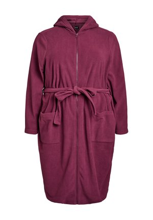 Raspberry fleece robe with hood, zip closure, belt, and two front pockets. Soft texture and knee-length design.