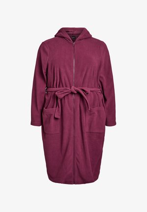Valkoinen vadelmanvärinen fleece-kylpytakki hupulla, vetoketjukiinnityksellä, vyöllä ja kahdella etutaskulla. Pehmeä pinta ja polvimittainen malli.
