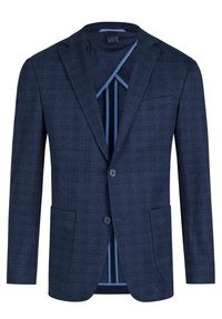Dunkelblazer aus strukturiertem Stoff, mit zwei Knöpfen und vorderen Taschen. Futter mit blauen Streifenakzenten. Maßgeschneiderter Schnitt und strukturierte Form.
