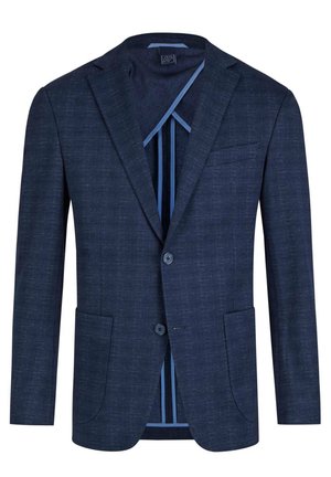 Dunkelblazer aus strukturiertem Stoff, mit zwei Knöpfen und vorderen Taschen. Futter mit blauen Streifenakzenten. Maßgeschneiderter Schnitt und strukturierte Form.
