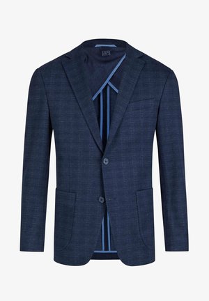 Dunkelblazer aus strukturiertem Stoff, mit zwei Knöpfen und vorderen Taschen. Futter mit blauen Streifenakzenten. Maßgeschneiderter Schnitt und strukturierte Form.