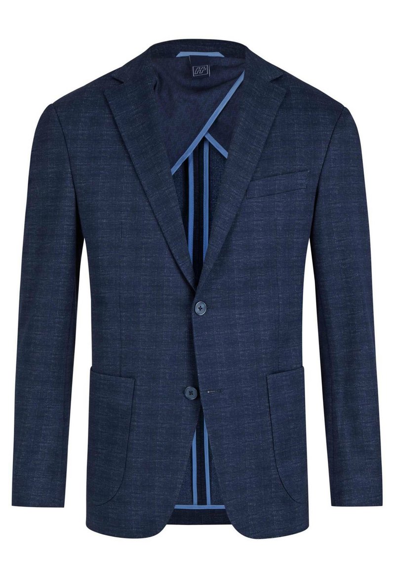 Dunkelblazer aus strukturiertem Stoff, mit zwei Knöpfen und vorderen Taschen. Futter mit blauen Streifenakzenten. Maßgeschneiderter Schnitt und strukturierte Form.