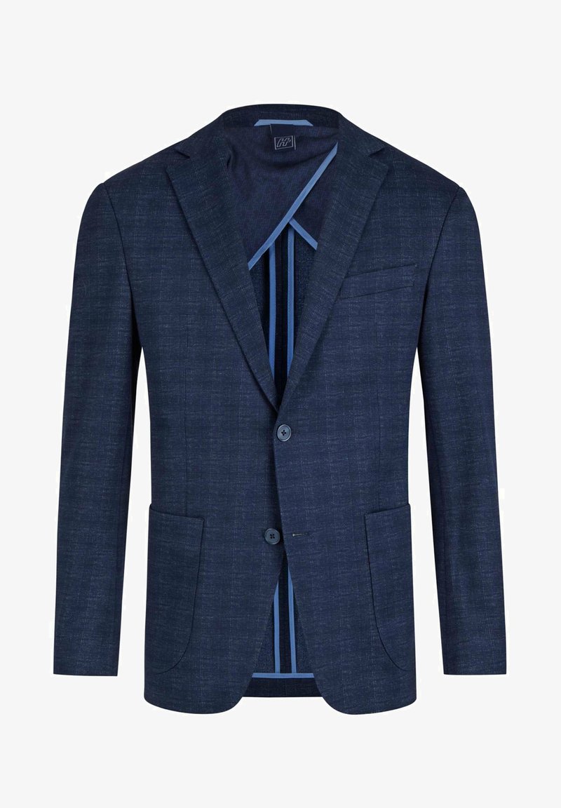 Granatowa marynarka o fakturowanej tkaninie, z dwoma guzikami i przednimi kieszeniami. Podszewka ozdobiona niebieskimi paskami. Dopasowany krój i zorganizowany fason.